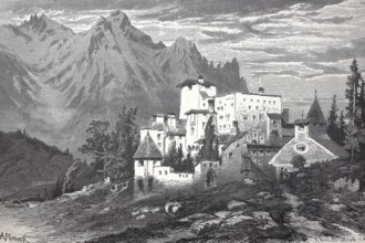 Naudersberg Castle stands on a hill above the village of Nauders in the Austrian Tyrol, 1890,