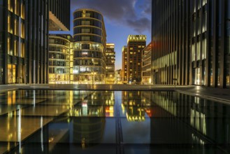 Modern high-rise architecture in the Media Harbour quarter in Düsseldorf at dusk, North