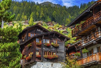 Wooden houses decorated with flowers in the historic village centre, Grimentz, Val d'Anniviers,