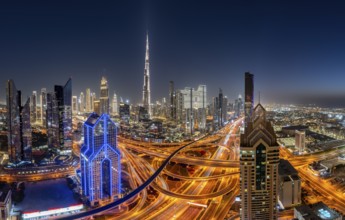 Dubai skyline at night, Burj Khalifa tallest building in the world, United Arab Emirates, Asia