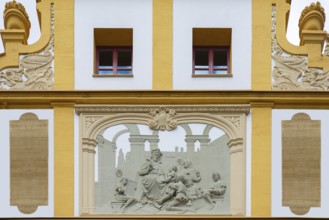 Relief with teacher and pupils on the façade of the Luitpold Primary School, built in 1901 in Art