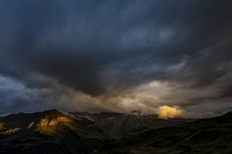 Montafon mountains with dramatic cloudy sky at sunset, Tschagguns, Rätikon, Montafon, Vorarlberg,