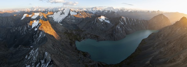 Evening mood, mountain panorama, aerial view, 4000 metre peak with glacier, mountain pass and