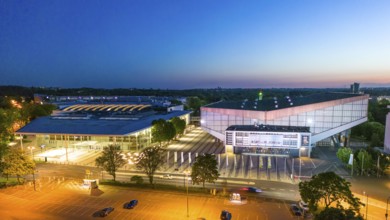 The Grugahalle, right and Messe Essen, entrance Messehaus Ost, North Rhine-Westphalia, Germany,