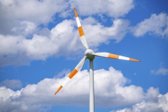 Wind turbine, wind energy plant from the manufacturer Enercon, blue sky with many white clouds,