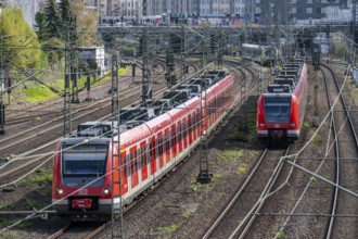 Railway line in Düsseldorf, S-Bahn trains on the tracks, North Rhine-Westphalia, Germany, Europe