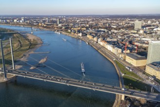View over the city centre of Düsseldorf, Rheinkniebrücke over the Rhine, Altstadtufer, from North