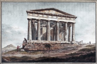 Historical view of the Temple of Hephaestus, coloured engraving from the 19th century, Agora Museum