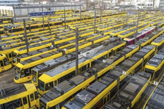 Warning strikes in local public transport, Ruhrbahn trams at the depot, VERDI union members on