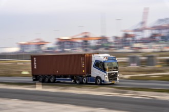 Container lorry, bringing containers from Euromax Container Terminal, the seaport of Rotterdam,