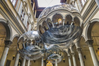 Palazzo Strozzi, courtyard, spheres, reflection, architecture, installation, travel, tourism,