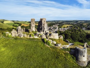 Ruins of Corfe Castle from a drone, Corfe Village, Purbeck Hills, Dorset, England, United Kingdom,