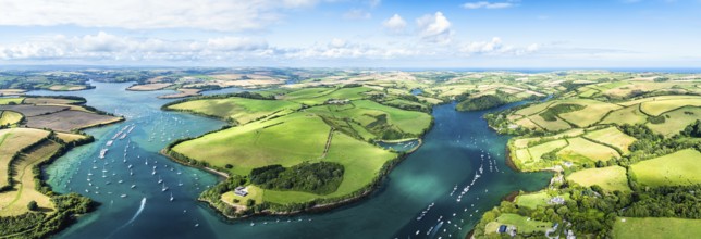 Panorama of Salcombe and Mill Bay over Kingsbridge Estuary from a drone, Batson Creek, Southpool