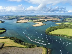 Salcombe and Mill Bay over Kingsbridge Estuary from a drone, Batson Creek, Southpool Creek, Devon,