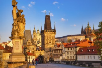 Lesser Town Bridge Tower in the early morning, Charles Bridge in Prague, Czech Republic, Europe