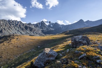 Autumnal high valley in atmospheric light, Keldike Valley on the way to the Ala Kul Pass, Tien Shan