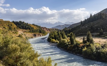 Naryn River and mountain panorama in autumn, at the confluence of the Kichi-Naryn and Chong-Naryn,