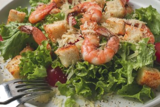 Caesar salad, with shrimp, on a white background, homemade, no people