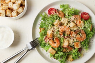 Caesar salad, with shrimp, on a white background, homemade, no people