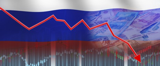 Russian financial crisis on economic graph, economic collapse. Financial fall of the Russian