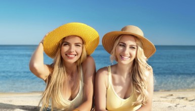 Two young woman on the beach in the Caribbean, Studio