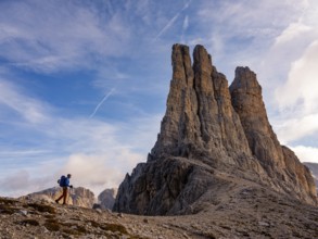 Mountaineers on the Dolomites High Route 8 below the Vajolet Towers, Catinaccio, Dolomites, South