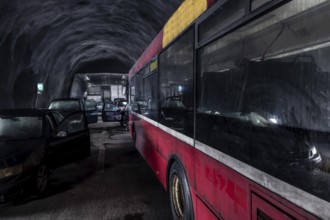 Dirty Vehicles Inside a Test Tunnel for Firefighters for Smoke and Fire in Switzerland