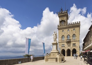 Statue of Liberty on the Liberty Square. Palazzo Pubblico San Marino, also the town hall and seat