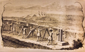 Sketch of defence complex with soldiers, military museum, planned town with star-shaped layout,