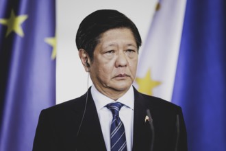 Ferdinand Marcos Jr, President of the Philippines, speaks to the media after a joint meeting with