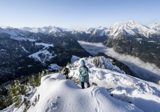 Mountaineers on the snowy summit of the Jenner in autumn, view of the sea of clouds and the