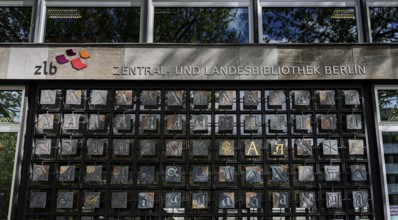 Entrance door with alphabet at the Central and State Library, Berlin, Germany, Europe