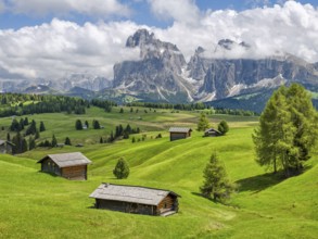 Spring on the Seiser Alm, alpine huts with Plattkofel and Langkofel, clouds, Dolomites, South Tyrol