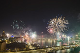 New Year's Eve fireworks over Dresden's Old Town, Dresden, Saxony, Germany, Europe