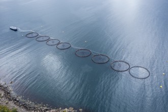 Aerial view of a salmon farm, rainy weather, grey sky, Vesteralen islands, Norway, Europe