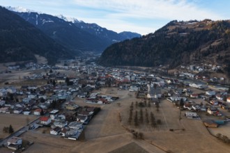 Drone shot, view of village with parish church, Prutz, Kaunertal, Inntal, Tyrol, Austria, Europe