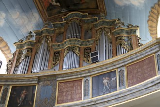 Interior, gallery, Cathedral of the Rhön, Protestant church, Helmershausen, Rhönblick parish,