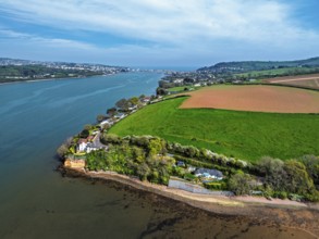 Farms and Fields over River Teign from a drone, Teignmouth, Shaldon, Devon, England, United