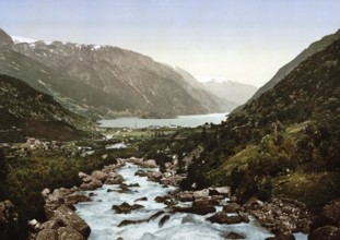 General view towards Odde, Odda, Hardangerfjord, Norway, View from 1885, Historical, digitally