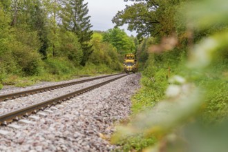Yellow train runs on the rails through a green and autumnal landscape, tamping machine, Hermann