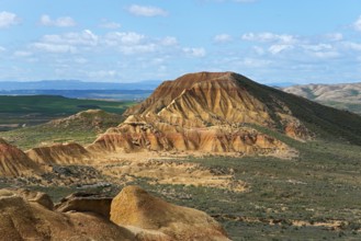 Rocky mountain landscape with clear blue skies and green valleys that create a sunny desert
