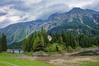 Lake chapel Maria am See, Obernberger See, mountain lake, landscape of the Stubai Alps, weather