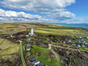 Portland Bird Observatory from a drone, Bill Lighthouse, Portland Bill, Isle of Portland, Dorset,