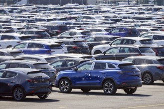 Duisburg, North Rhine-Westphalia, Germany - New cars, transhipment centre, car terminal in Duisburg