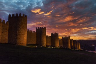 Avila city wall one afternoon with a beautiful sunset, Spain, Europe