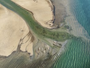Aerial photograph, top down view of the Radolfzell Aach estuary with current lines, structures,