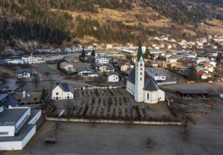 Drone shot, view of village with parish church, Prutz, Kaunertal, Inntal, Tyrol, Austria, Europe