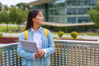 Three quarter length portrait of a beauty female chinese student looking away distracted standing