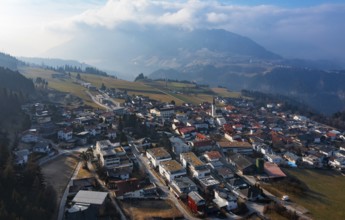Drone image, view of the village with parish church, Patsch, Tyrol, Austria, Europe