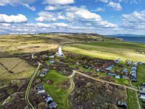 Portland Bird Observatory from a drone, Bill Lighthouse, Portland Bill, Isle of Portland, Dorset,